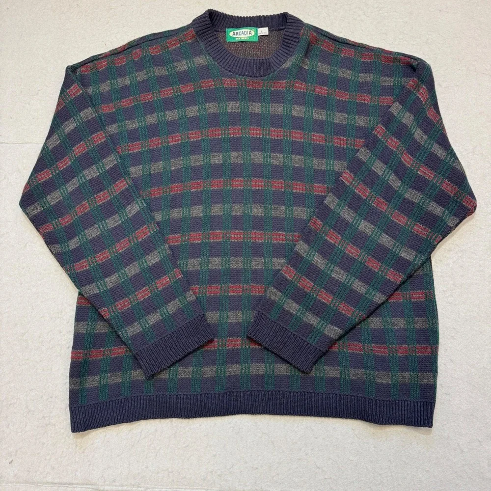 VTG 90s‎ Arcadia Sweater Mens L Blue Red Green Plaid Knit Made in USA Crewneck